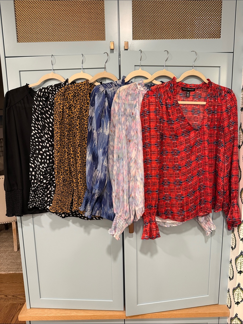 Aqua Red Plaid V-Neck Long-Sleeve Blouse
